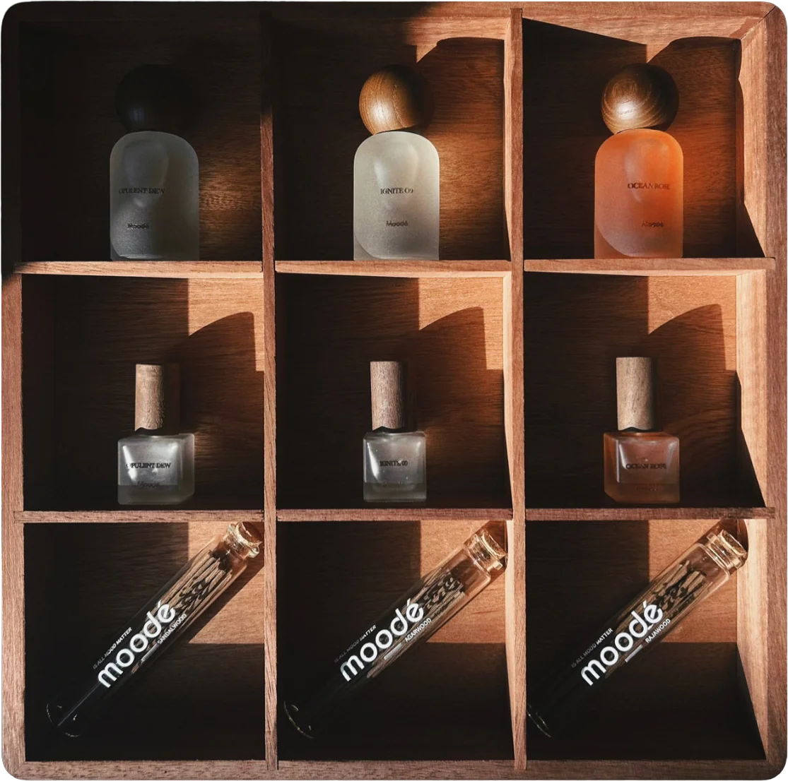 moodé fragrances and incense displayed in a wooden shelf